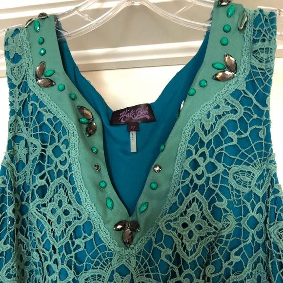 Hale Bob size medium turquoise dress with green crochet lace overlay - Picture 3 of 6